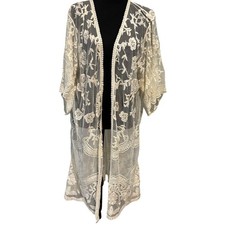 Cream Floral Lace Mesh Longline Kimono Duster Cardigan Embroidery S-M Boho Fairy