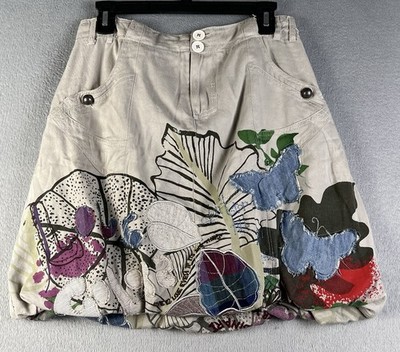 Desigual Women s Bohemian Skirt Beige Size Small 36W Patchwork Embroidered