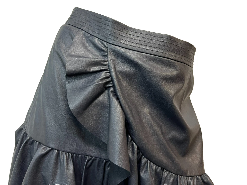 NUEVO CON ETIQUETAS Rebecca Taylor Minifalda de Cuero Vegano con Volantes Azul Marino Forrada con Cremallera Trasera, 6 Foto 3 de 4