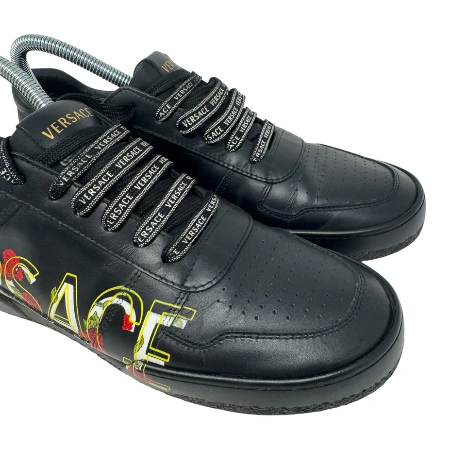 Versace Black Leather Floral Logo Low Top Sneakers Size 41 Men’s 8 Women’s 11 - Image 3 of 4