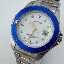 VTG Geneva Quartz Watch Men Silver Blue Rotat...
