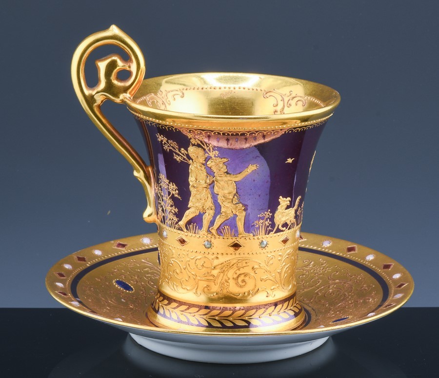 EXQUISITE ANTIQUE LAMM DRESDEN GERMANY JEWELED ENAMEL PORCELAIN TEA CUP & SAUCER