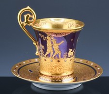 EXQUISITE ANTIQUE LAMM DRESDEN GERMANY JEWELED ENAMEL PORCELAIN TEA CUP & SAUCER