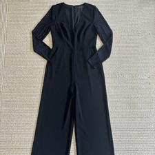 BCBGMAXAZRIA Black Lace Sleeve Jumpsuit Sz 8 NWOT Wide Leg Evening Cocktail
