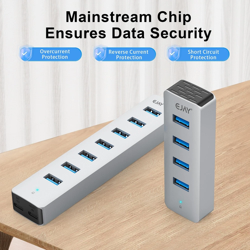 7-Port Aluminum USB Hub with Long Cable for Desktop Expansion