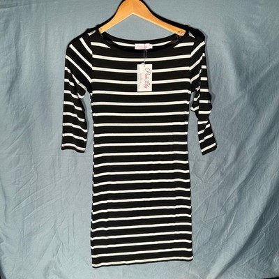 Pink Lily Short Sleeve Black and White Striped T-Shirt Dress