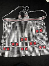 VTG 1950s Gingham Half Apron Black White Chicken Scratch Cross Stitch Pocket MCM