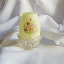 VINTAGE FAIRY LAMP Fenton URANIUM CUSTARD SATIN FLORAL Hand Painted K Haught