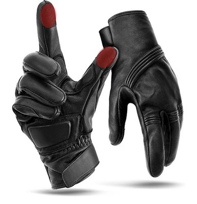 BENLARI Black Leather Motorcycle Gloves, Touch Screen, Size M [E]