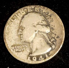 1941 P QUARTER 90% SILVER 25 CENTS PHILADELPHIA UNITED STATES OF AMERICA 6gr.