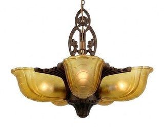 Markel ? 1930s Art Deco 5 Light Amber Glass Slip Shade Chandelier Ceiling Light