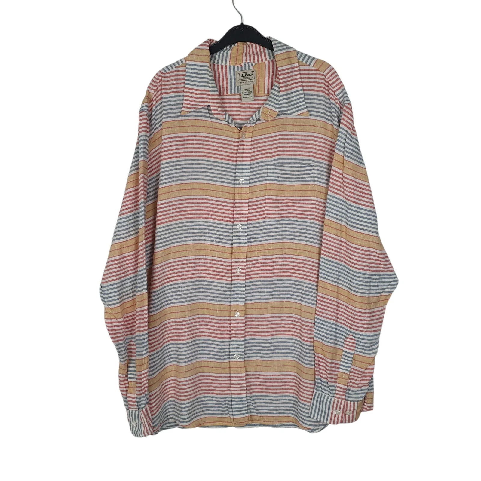 L.L.BEAN Red Striped Shirt Long Sleeve Casual Linen Mens XL