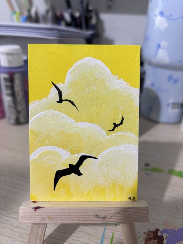 ACEO Original Art, Cloudy Sky With Birds, Acrylic Painting