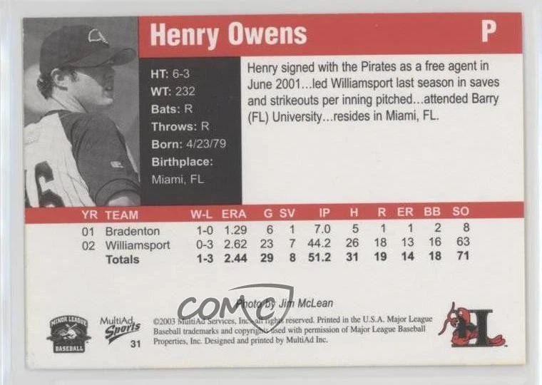 2003 MultiAd Sports Hickory Crawdads Update Henry Owens #31 - Image 2 of 2