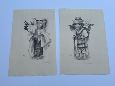 PHIL PARADISE LITHOGRAPH PORTRAIT PAIR GIRL BOY BIG EYE MEXICAN LIMITED SIGNED