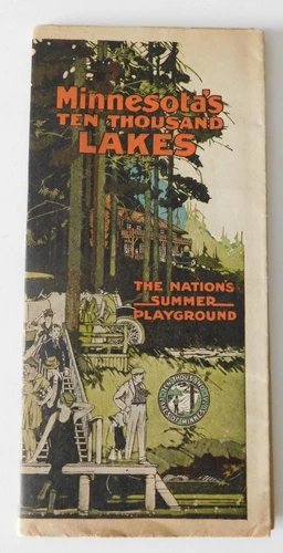 Original 1920-21 Minnesota's Ten Thousand Lakes Tourism Brochure Fold Out Map