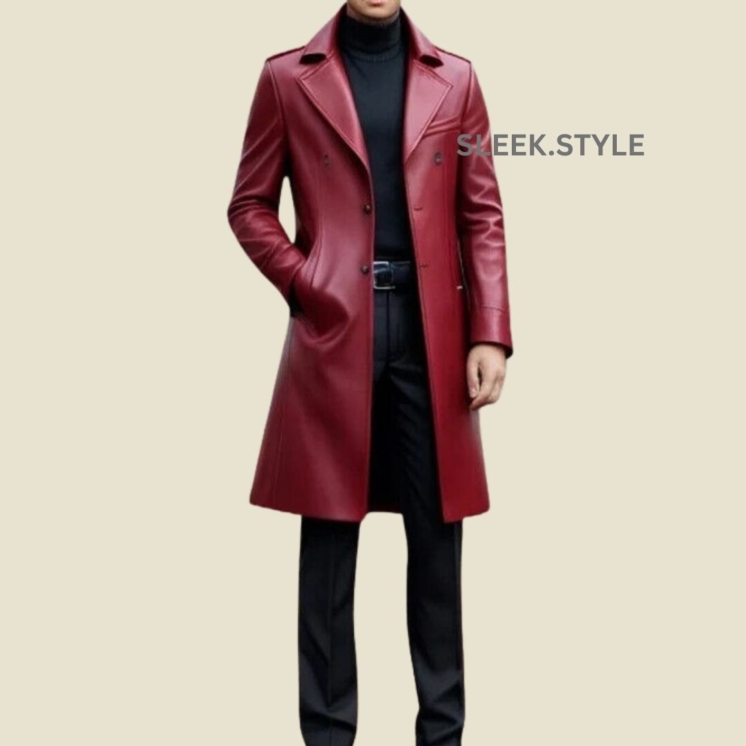 Men Trench Coat Leather Lambskin Red Genuine  Soft Christmas Festive Wear