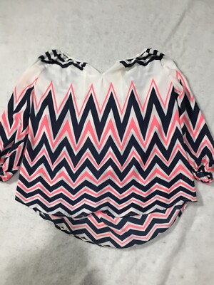 Jolt Blouse Womens XL Blue Pink White Geometric Wavy Striped 3/4 Sleeve