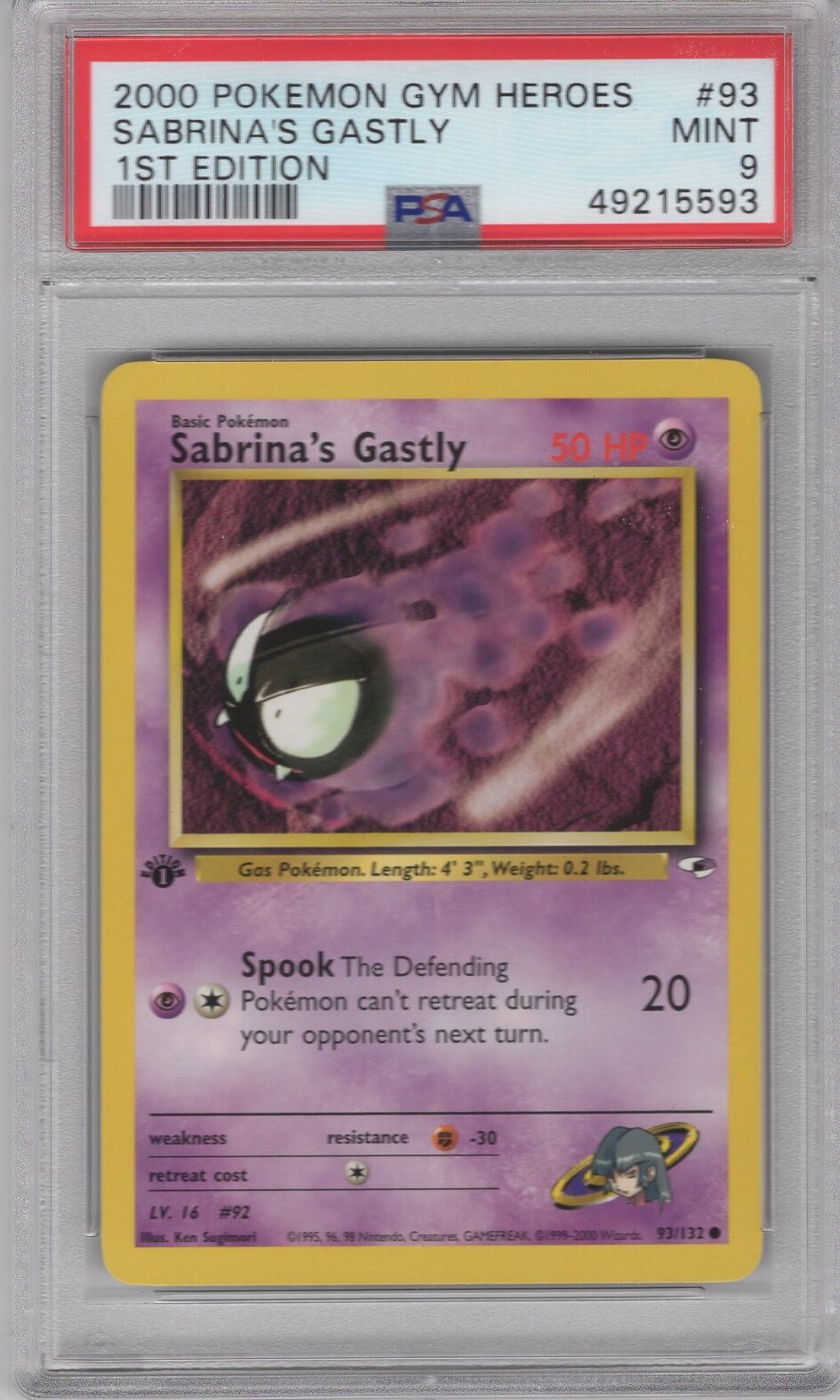 SABRINA'S GASTLY 2000 POKEMON GYM HEROES 1ST EDITION #93/132 PSA 9 MINT