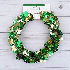 St Patricks Day Tinsel Coiled Garland Shamrocks Green Gold 20 ft