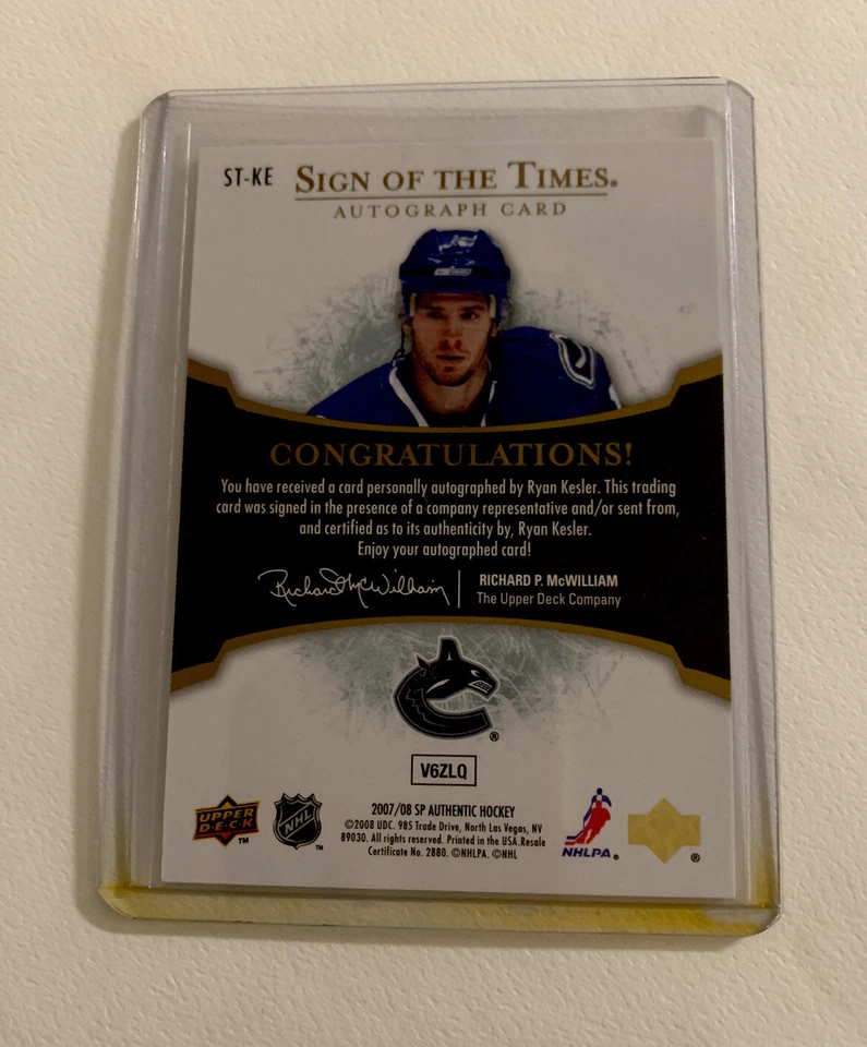 SP Authentic, Sign Of The Times, Autographed, Ryan Kesler, Canucks,#ST-KE, N/M C - Image 2 of 2