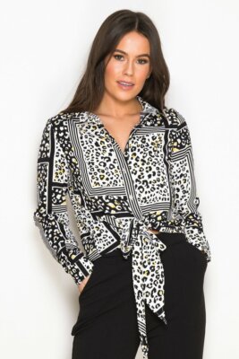 Girl In Mind Aeysha Button-Down-Shirt für Damen vorne zum Binden - limettefarben Leopardenmuster