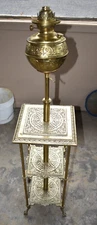 Antique Rayo No. 22 Brass Oil Lamp on Ornate Embossed Brass 3-Tier Stand