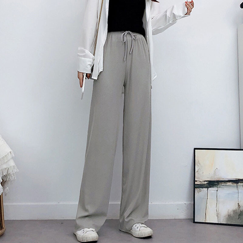 【2plan】Ice Crease Wide Slacks Lady Ice Silk Knitted Wide Leg Pants Casual High Waist
