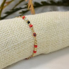 Evil Eye Beads Bracelet, 14k Gold Plated Ojo Red Beads Protection Bracelet