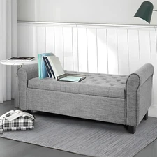 51" Storage Bench with Upholstered Ottoman Linen End of Bed Couch Light Gray