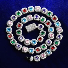 Mens Iced Blinged Out Colorful Cluster Gemstone Hip Hop Tennis Chain Necklace