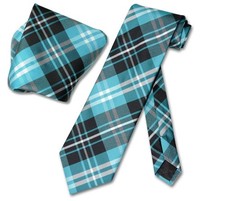 Vesuvio Napoli Black Turquoise White PLAID NeckTie and Handkerchief Neck Tie Set