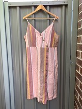 Target Dress 18 Womens Linen Blend Striped Y2k 90s Midi Dress Shirred Elastic
