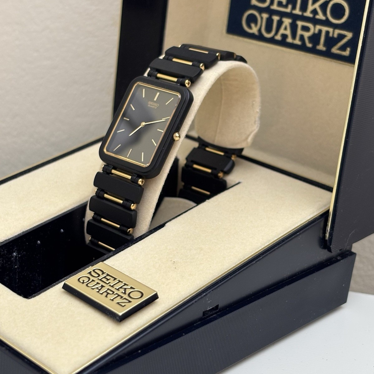 NOS Neo Vintage 1980s Seiko 7320-5980 Two Tone Black Tank Quartz