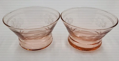 (2) Vtg Floral Etched Pink Berry Desert Fruit Bowls Depression Glass Bowls