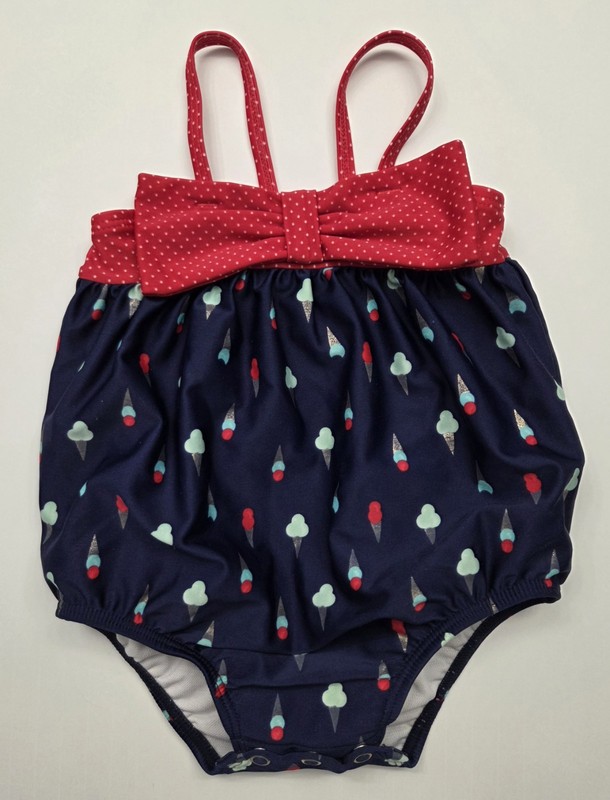 Target Ice Cream Cone Print One-Piece Baby Swimsuit, Navy w/ Red Bow, Size 6-9M