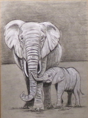 Original Drawing Elephant Mother & Baby Sketch 9x12 Wildlife Wall Decor Signed
