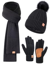 Winter Hat Scarf Gloves Set for Women Warm Cute Fleece Lined Beanie Pom Black