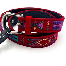 Vintage Comeco Belt Red Velvet Embroidered Geometric Pattern Size S/M KIDS