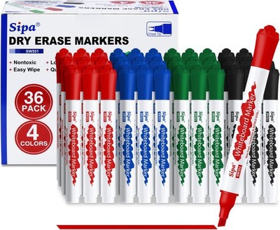 Sipa Whiteboard Marker Stifte, 36 Großpackung trocken abwischbare Keilspitze radierbar weiß... 