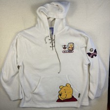 VTG 90s Y2K Disney Winnie The Pooh Fleece Hoodie Pullover Lace Up Cream Medium
