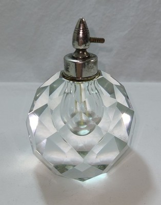 Perfume Bottle Atomizer  Silverplate Top Cut Clear Glass   Heavy Large Vintage