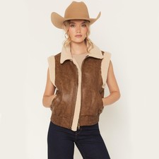 90s Oversized Western Brown Sherpa Shearling Leather Vest: Western Vintage