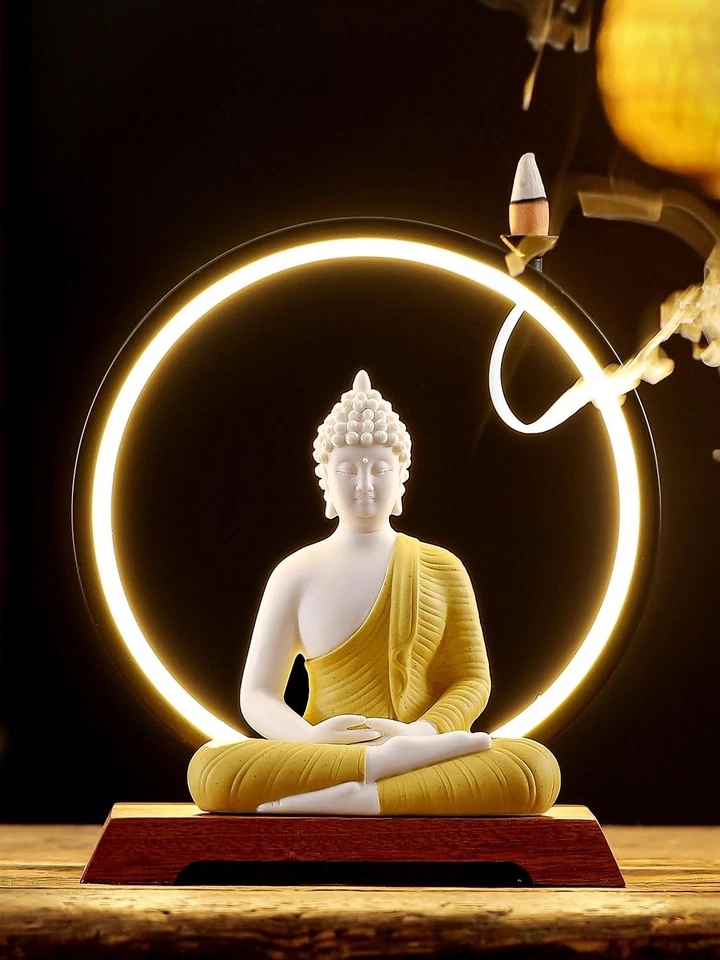 Estatua de Buda LED de 8,7 pulgadas para decoración interior del hogar - Buda meditador de cerámica... Foto 3 de 4