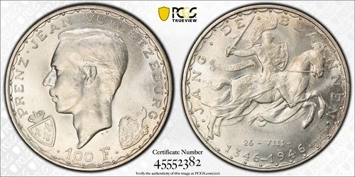 Luxembourg Silver 100 France 1946 KM#49 Blind BONNETAIN on reverse PCGS MS66