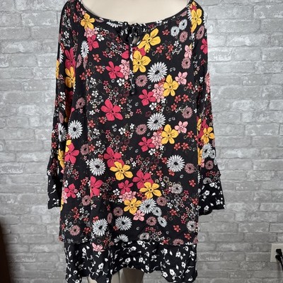 Ulla Popken 22 Black with Red Orange Floral 3/4 Sleeve Blouse Layered Hem