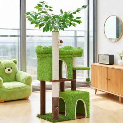 60'' Cat Tree Tower with 2 Large Houses & Wide Perch for Big Cats