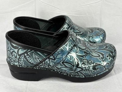 Dansko Professional Clogs Womens Blue Black Denim Floral Patent Slip On 40 US 10