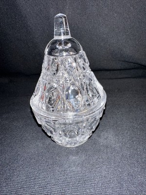VINTAGE PEAR SHAPED CLEAR RIBBED CRYSTAL CANDY DISH AND COVER 
