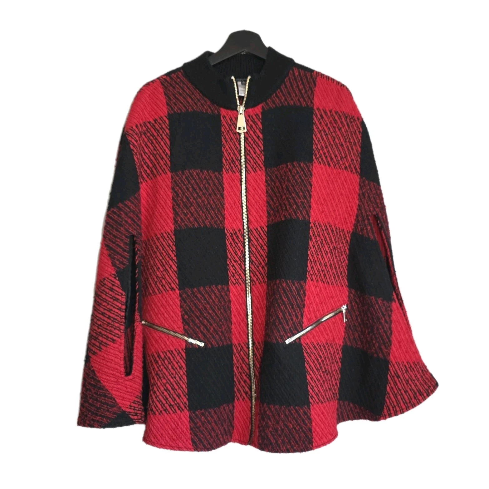JOHN MARK Red Black Buffalo Plaid Cape Poncho Wool Blend Full Zip Knit Holiday L